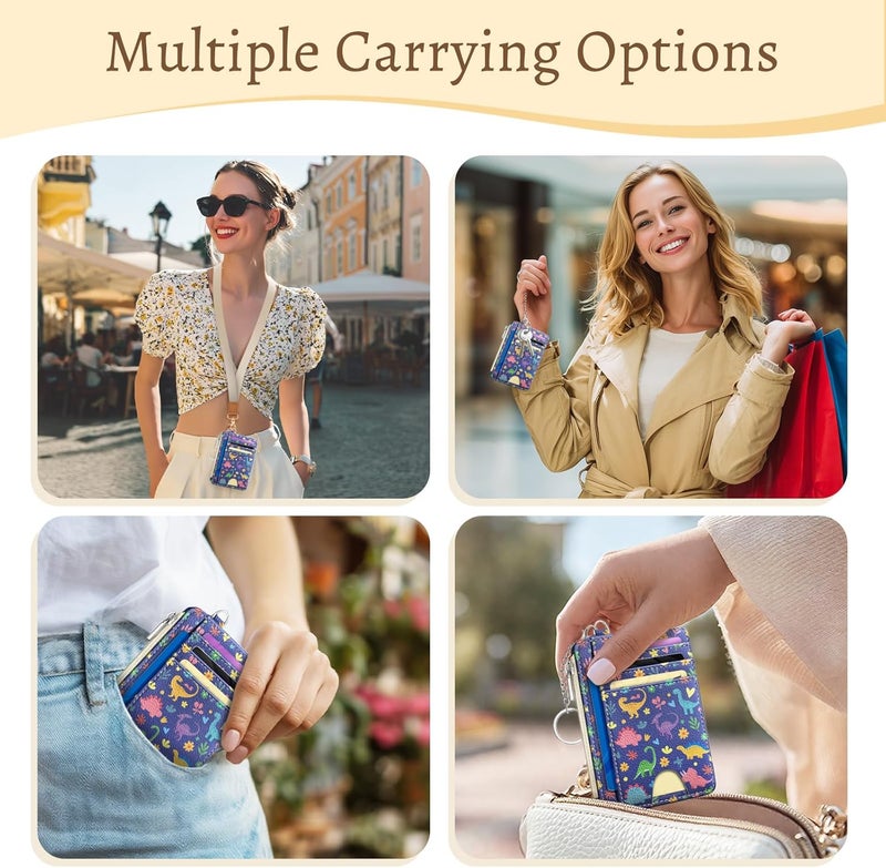 Kelvoris Cute Dinosaur Credit Card Holder Small Wallet Women, Flowers Slim RFID Blocking Wallet Woman Keychain with Zipper Coin Pocket, Front Pocket Thin Travel Card Case with ID Window Ladies Gifts - Image 2
